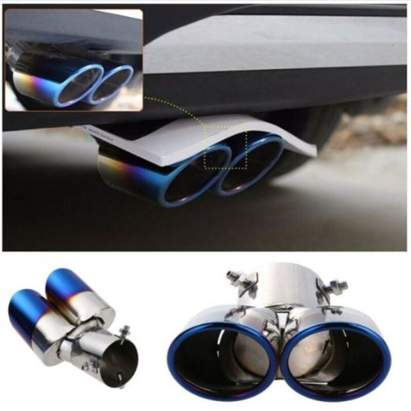 Dual Exhaust Muffler Tip Bent Twin Round Blue Burnt Stainless Steel